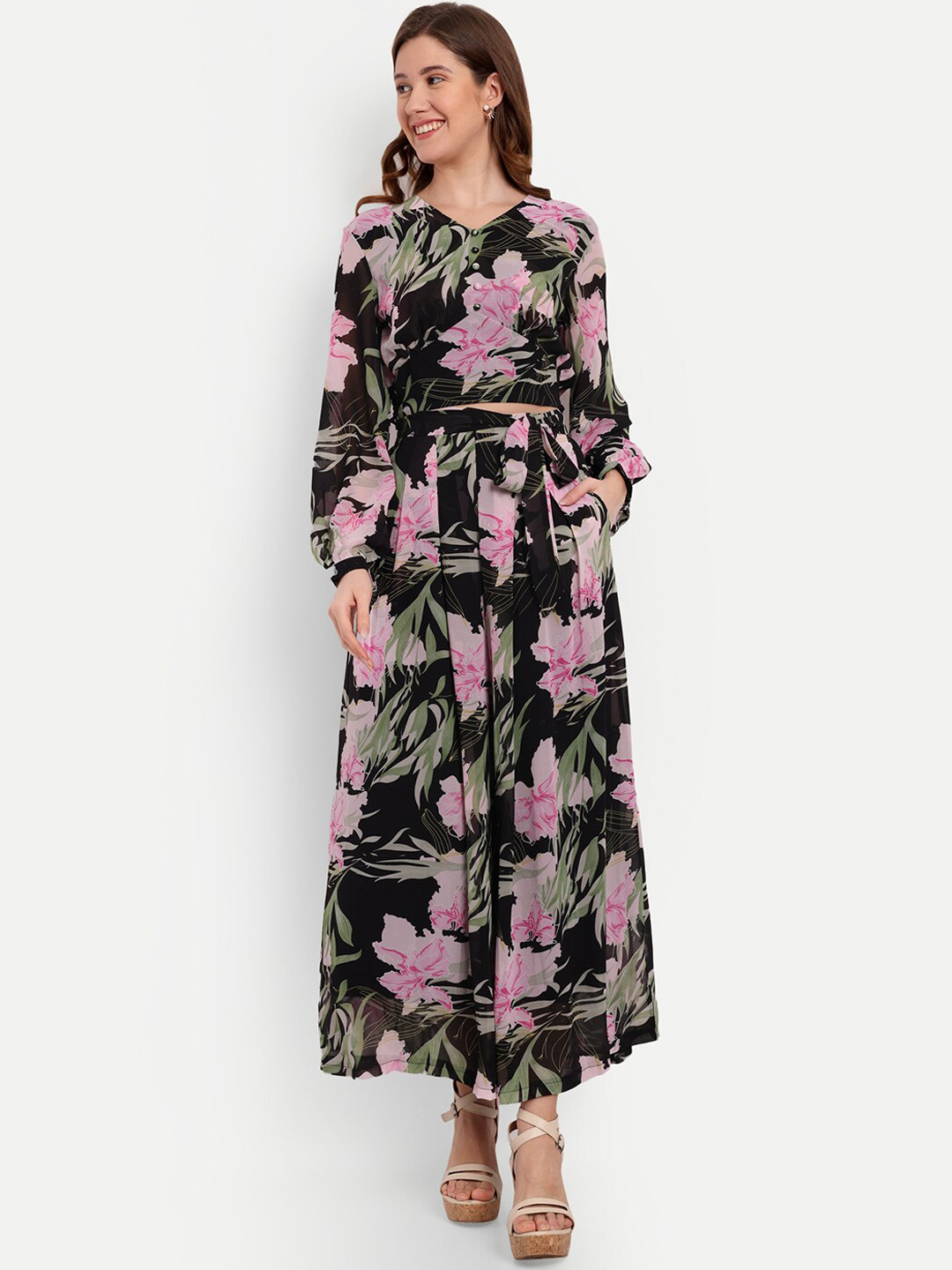 iki chic Black & Pink Floral Printed V-Neck Top With Palazzo