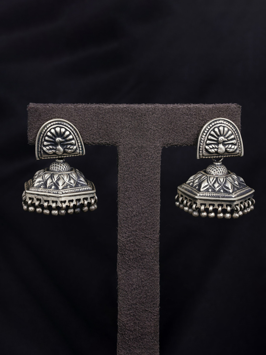 Shyle 925 Sterling Silver Peacock Motif Jhumkas