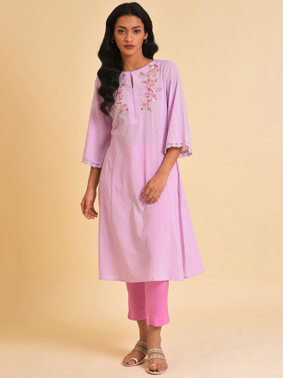 W Lavender Floral Embroidered Keyhole Neck Flared Sleeves Pure Cotton A-Line Kurta