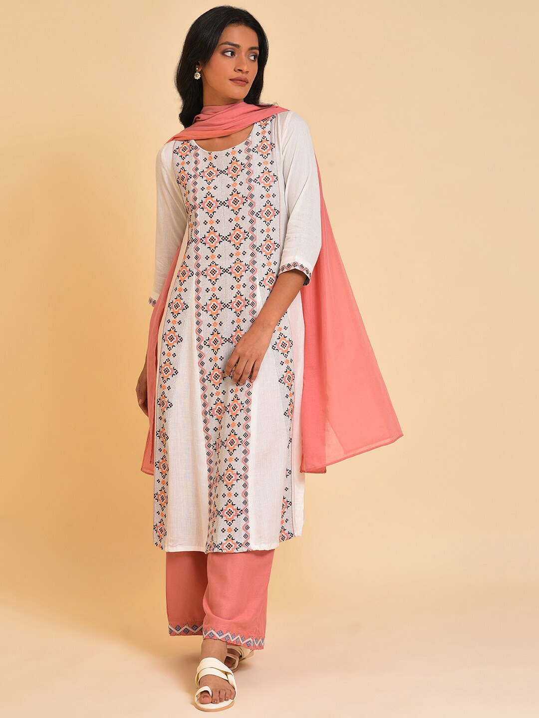 W Orange & Pink Pure Cotton Dupatta
