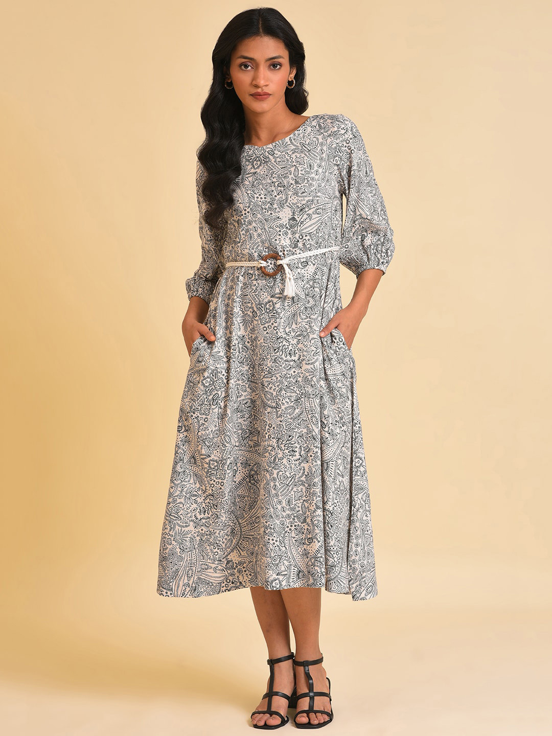 W White Ethnic Motif Printed A-Line Midi Dress With Belt