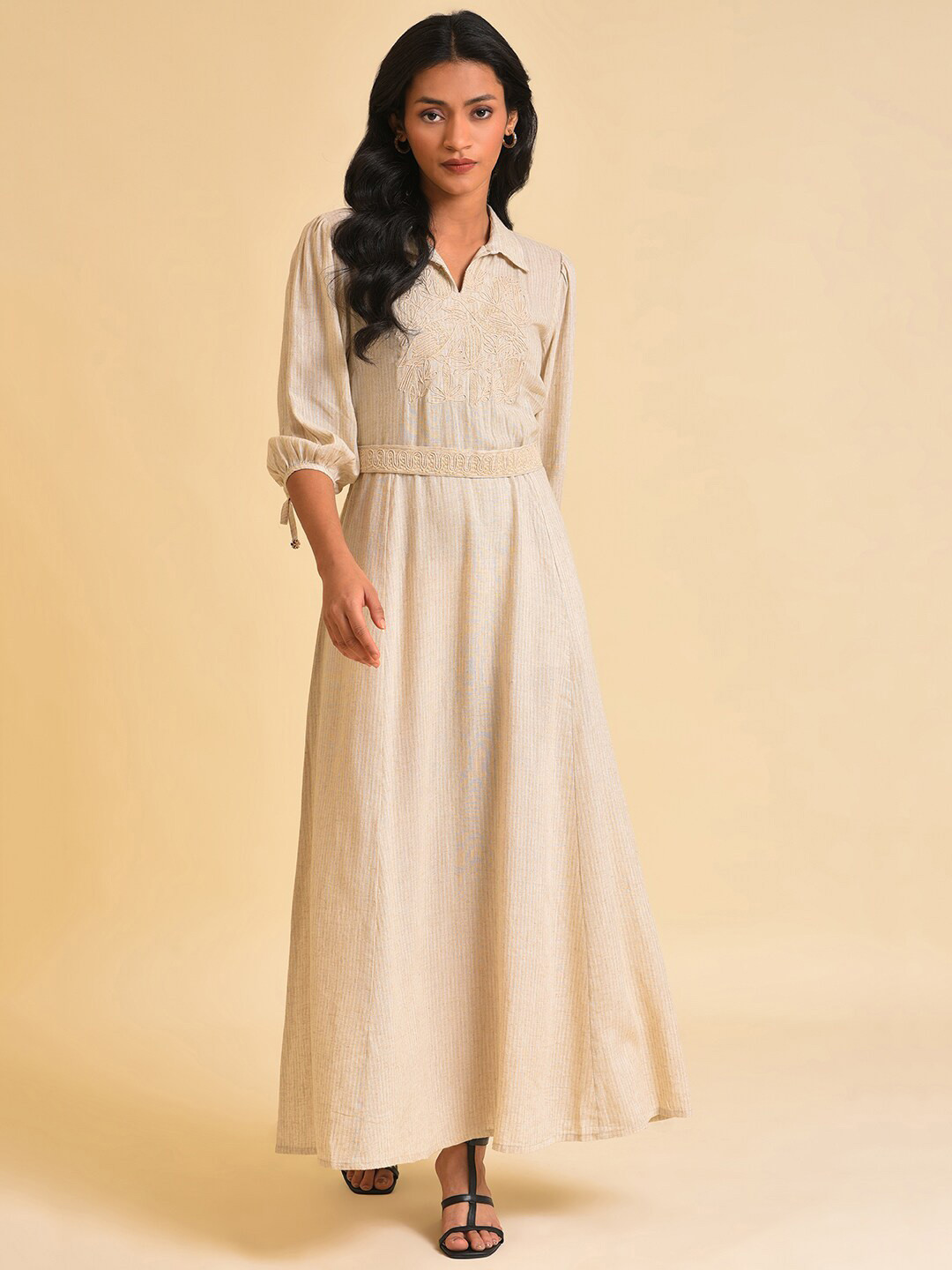 W Off White Floral Embroidered A-Line Maxi Dress With Belt