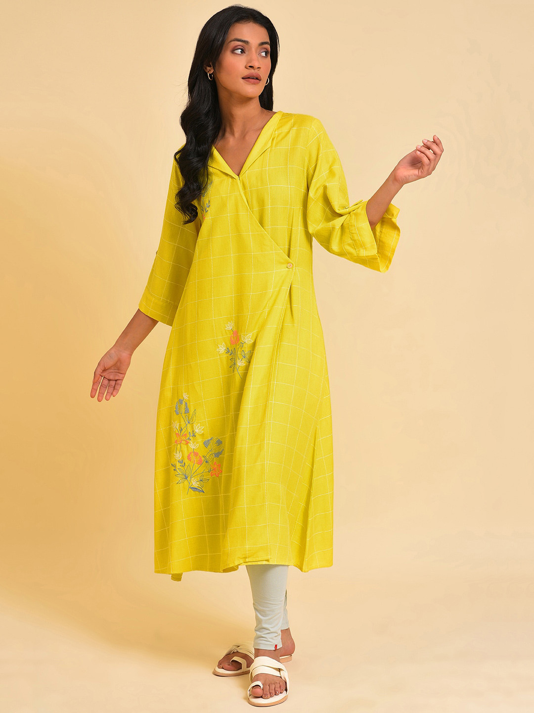 W Yellow Embroidered Checker Wrap Dress
