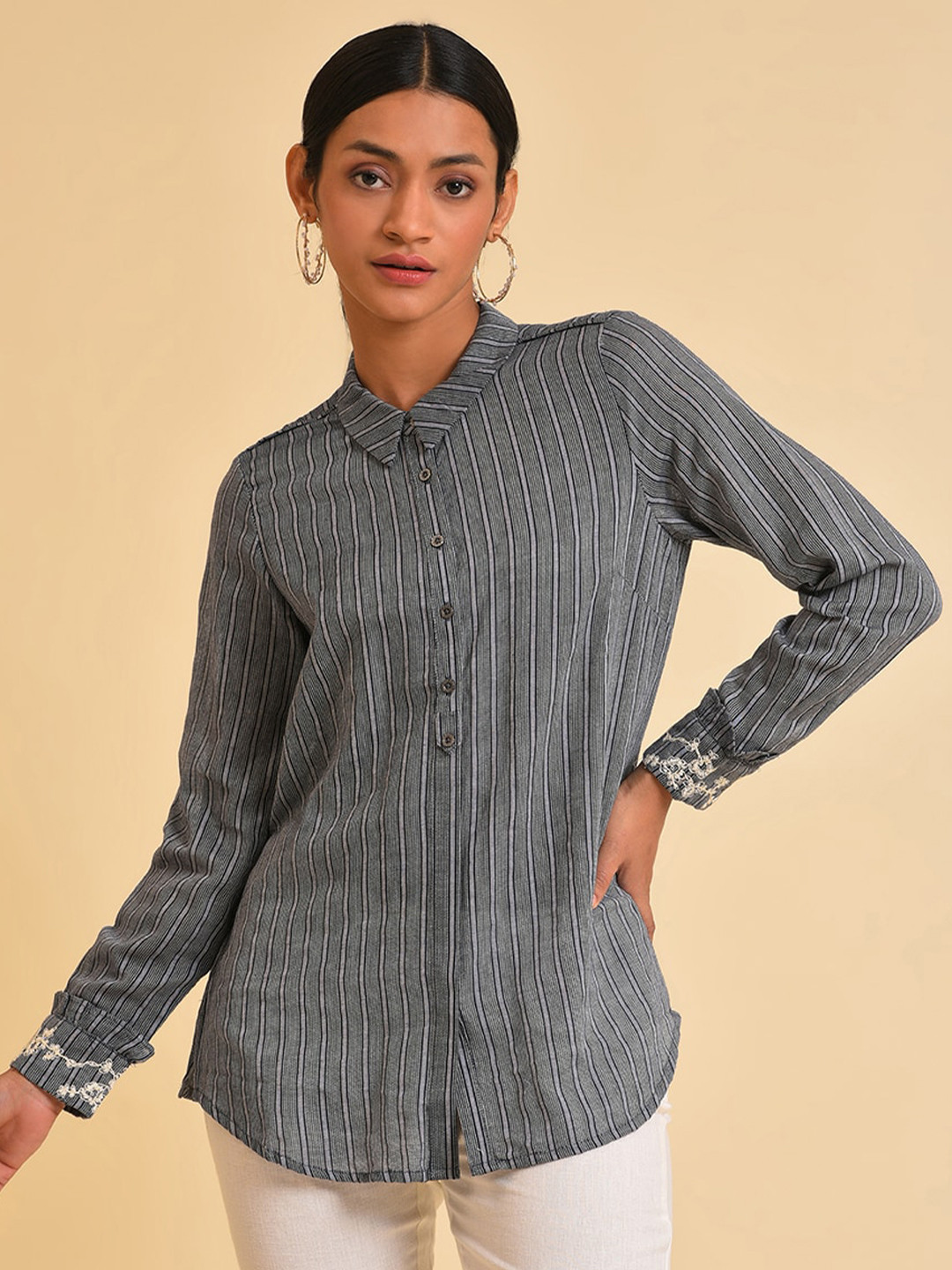 W Grey Striped Embroidered Pure Cotton Shirt Style Top