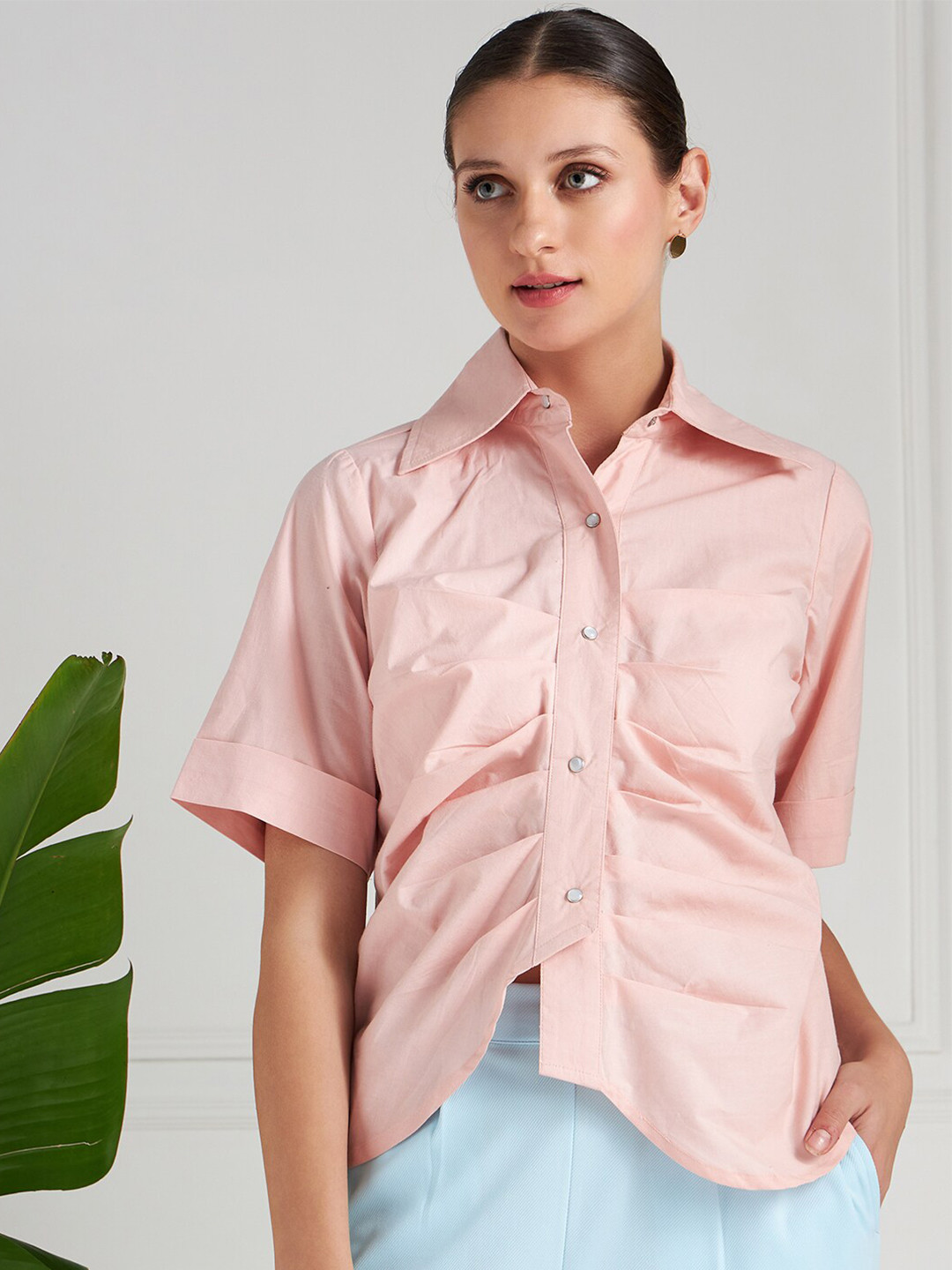 Athena Immutable Green Pleated Pure Cotton Shirt Style Top