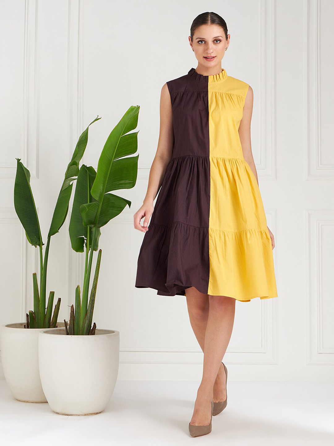 Athena Immutable Yellow Colorblocked Tiered A-Line Cotton Midi Dress