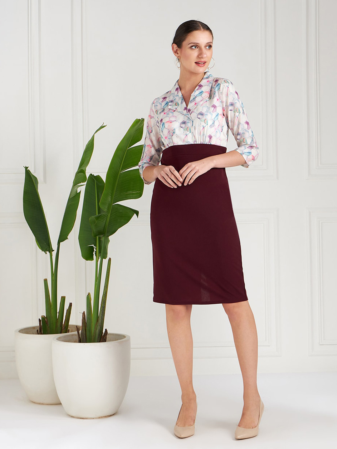 Athena Immutable Burgundy Floral Printed Lapel Collar Sheath Dress