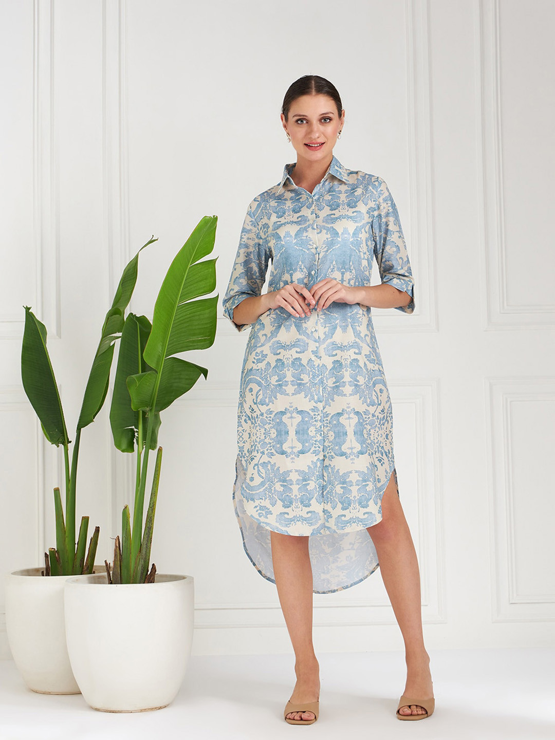 Athena Blue Ethnic Motifs Printed Cotton Shirt Midi Dress