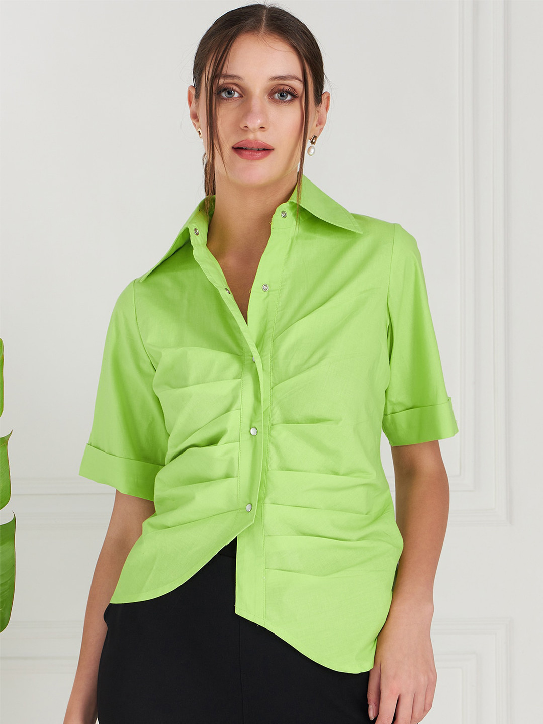 Athena Immutable Green Pleated Pure Cotton Shirt Style Top