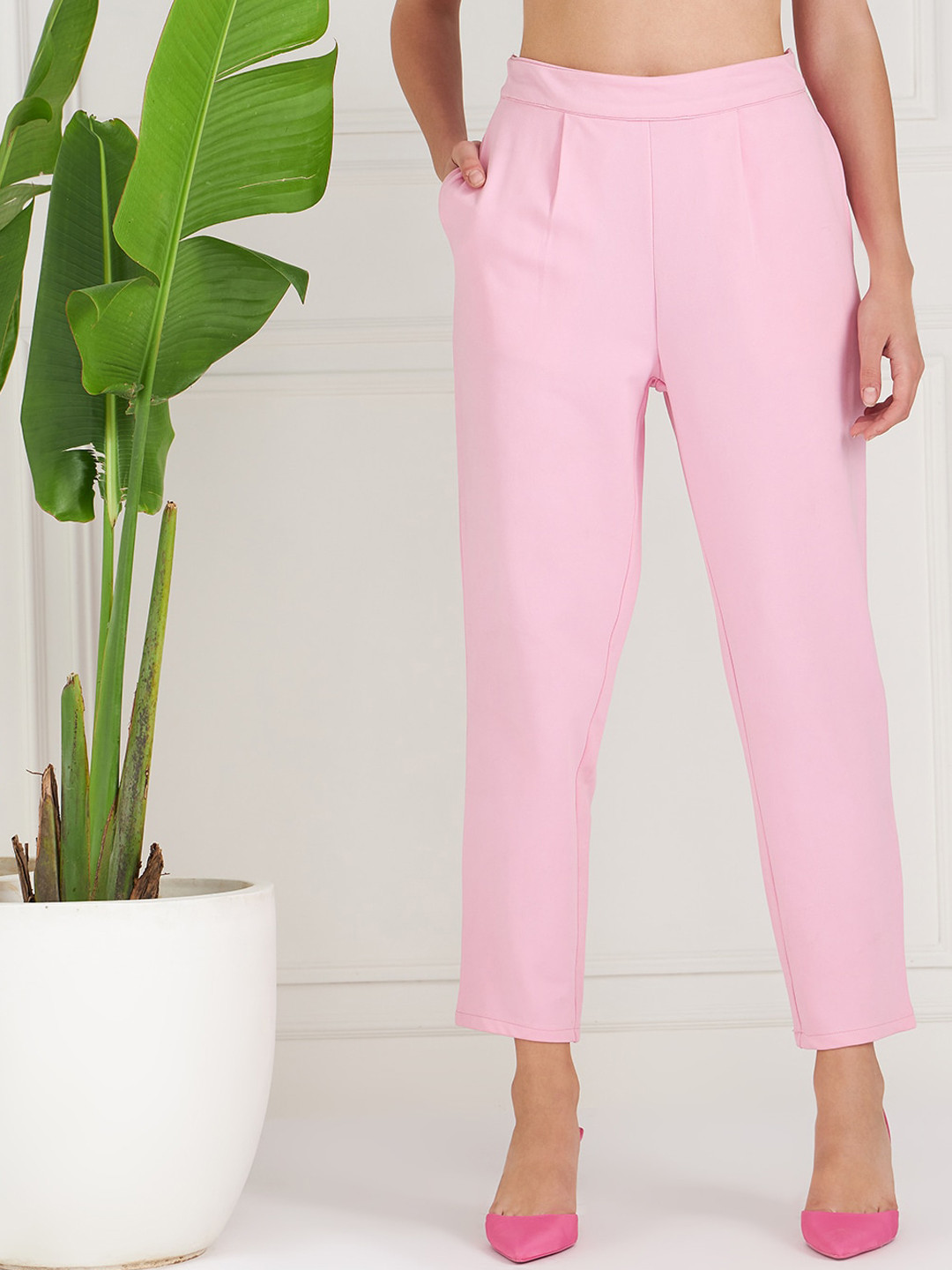 Athena Immutable Women Pink Relaxed Straight Leg Fit Pleated Trousers
