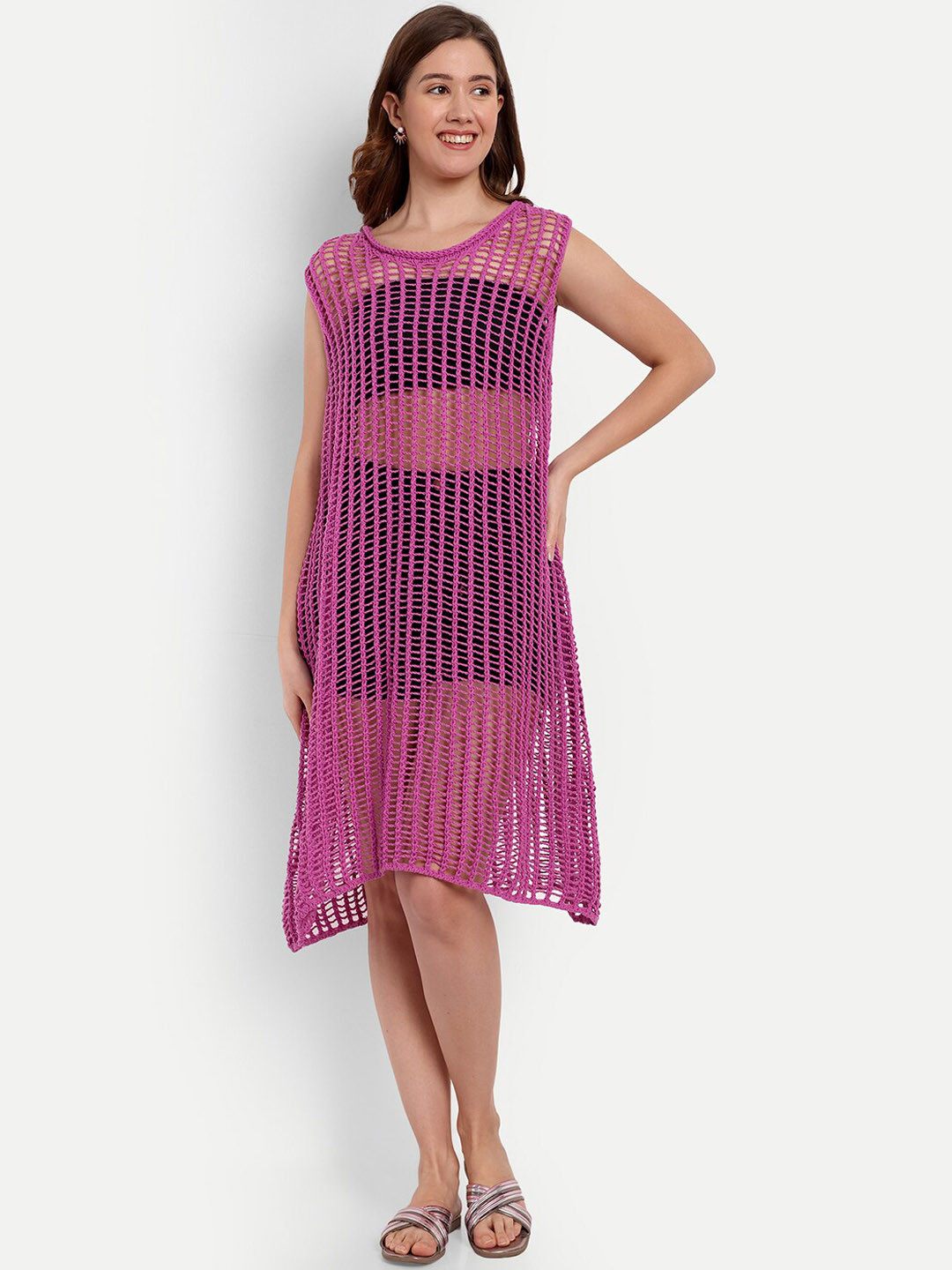 iki chic Purple Crochet Cotton Swimwear Cover-Up Dress