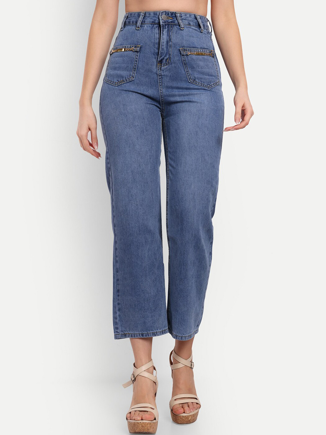 iki chic Women Blue High-Rise Clean Look Light Fade Embellished Jeans