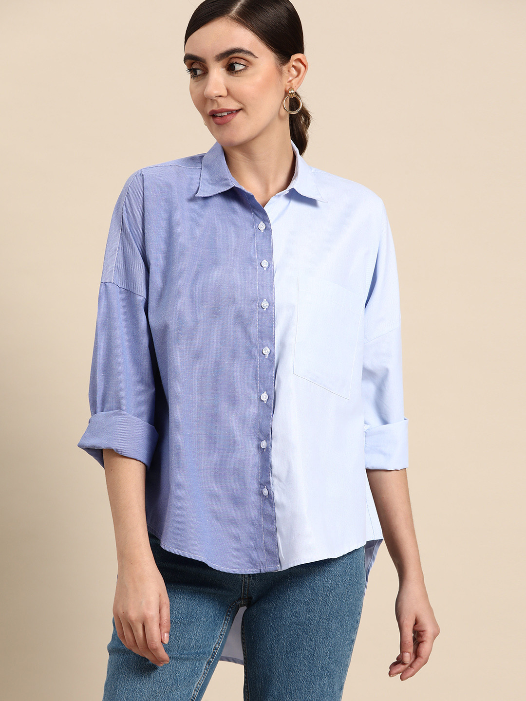DENNISON Women Blue Smart Boxy Opaque Colourblocked Casual Shirt