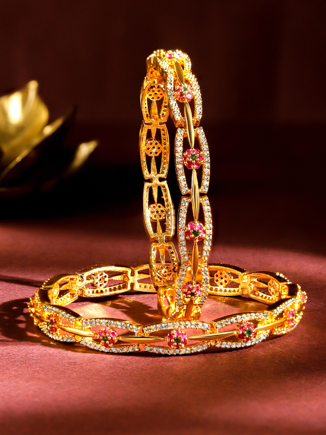 Rubans Set of 2 24K Gold Plated White Red and Green Kundan & CZ Studded Bangles
