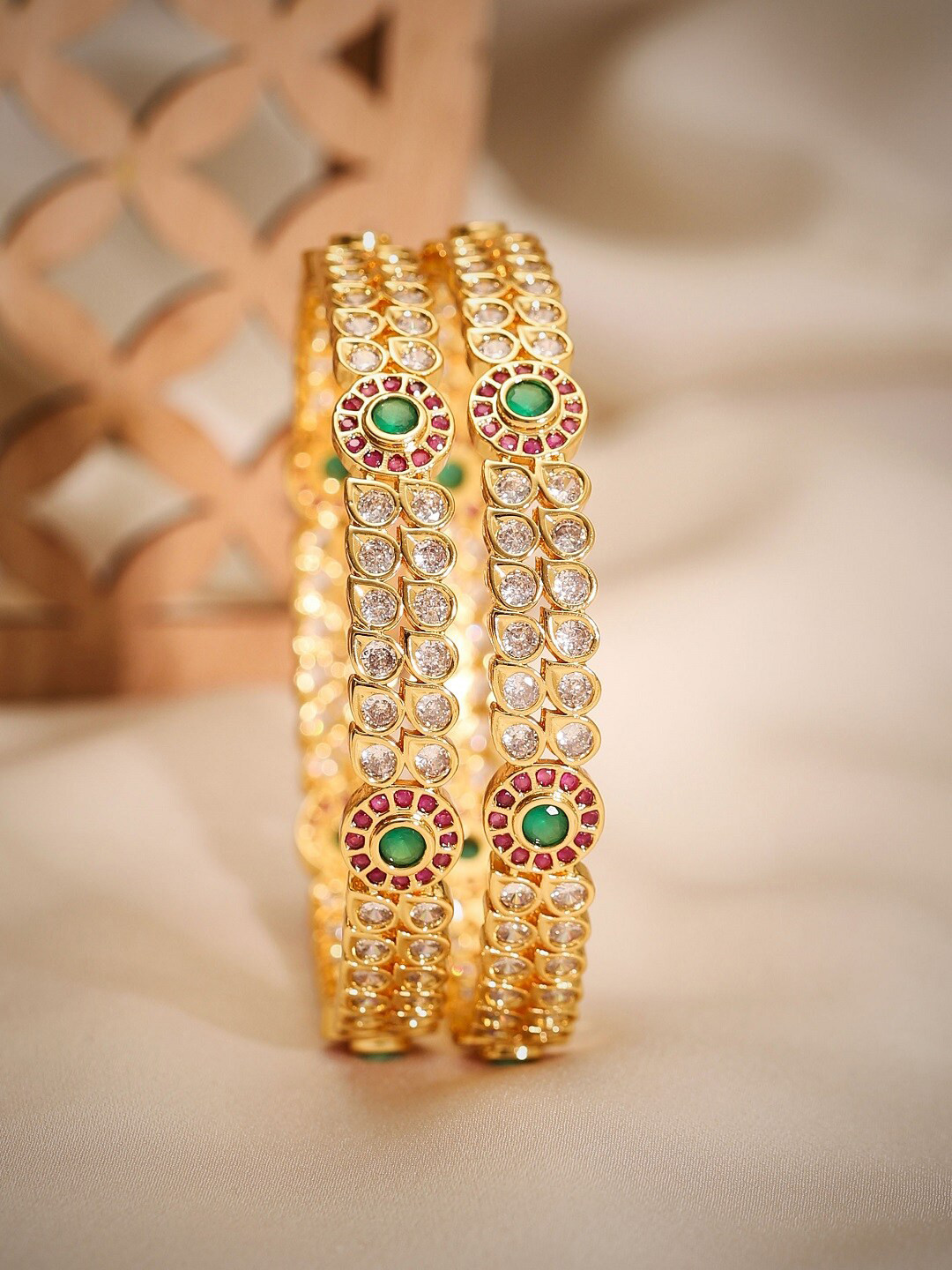 Rubans Set Of 2 24k Gold-Plated CZ Studded Bangles