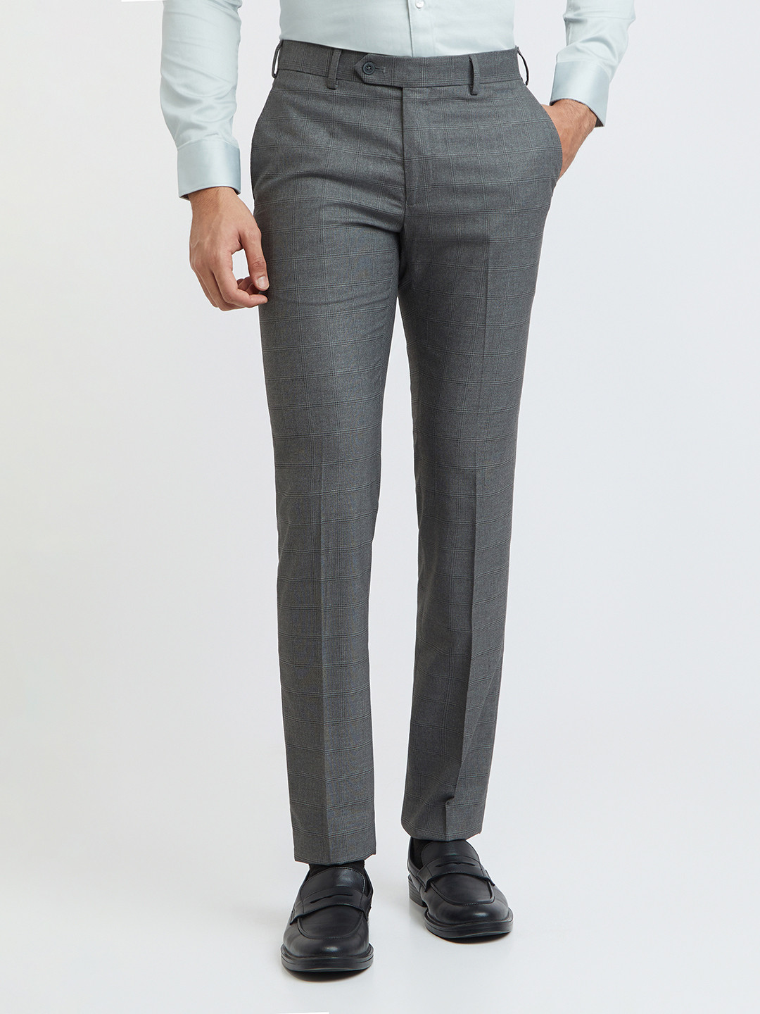 Raymond Men Checked Flat Front Slim Fit Formal Trousers