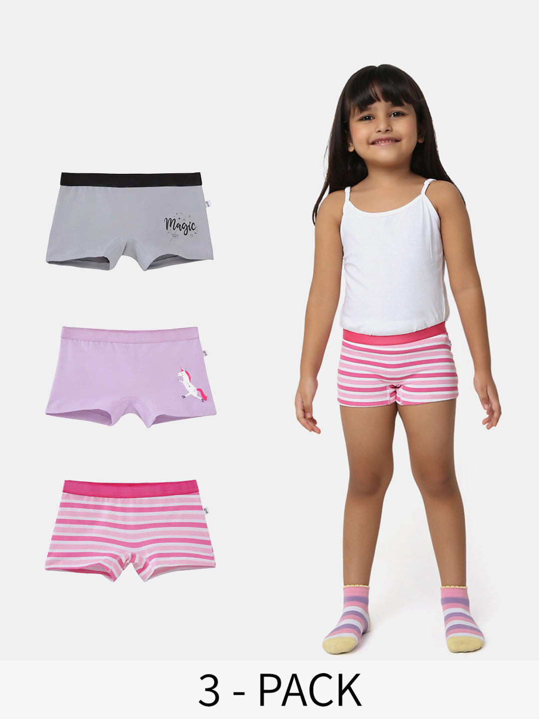 You Got Plan B Girls Pack Of 3 Striped Mid-Rise Anti Microbial Boxer-Style Briefs