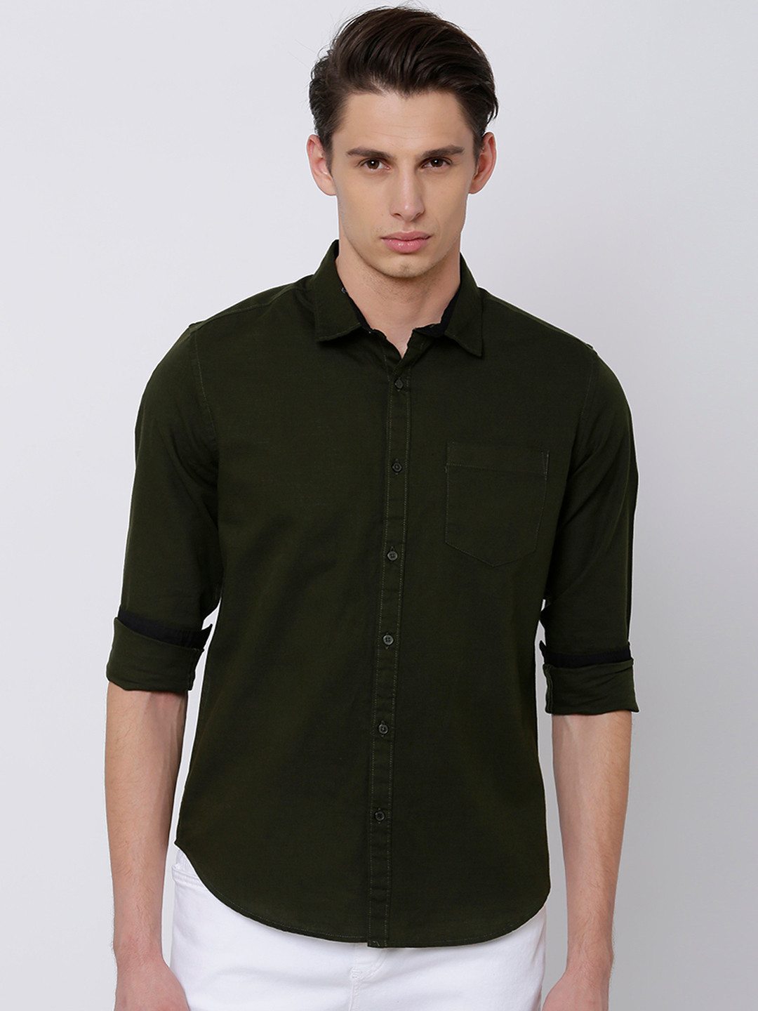 Black coffee Men Olive Green Slim Fit Solid Casual Shirt