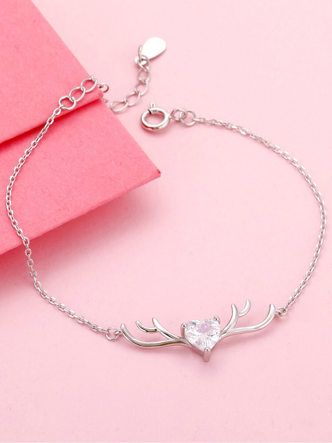 GIVA Silver-Plated 925 Sterling Silver Deer Heart Cubic Zirconia Link Bracelet