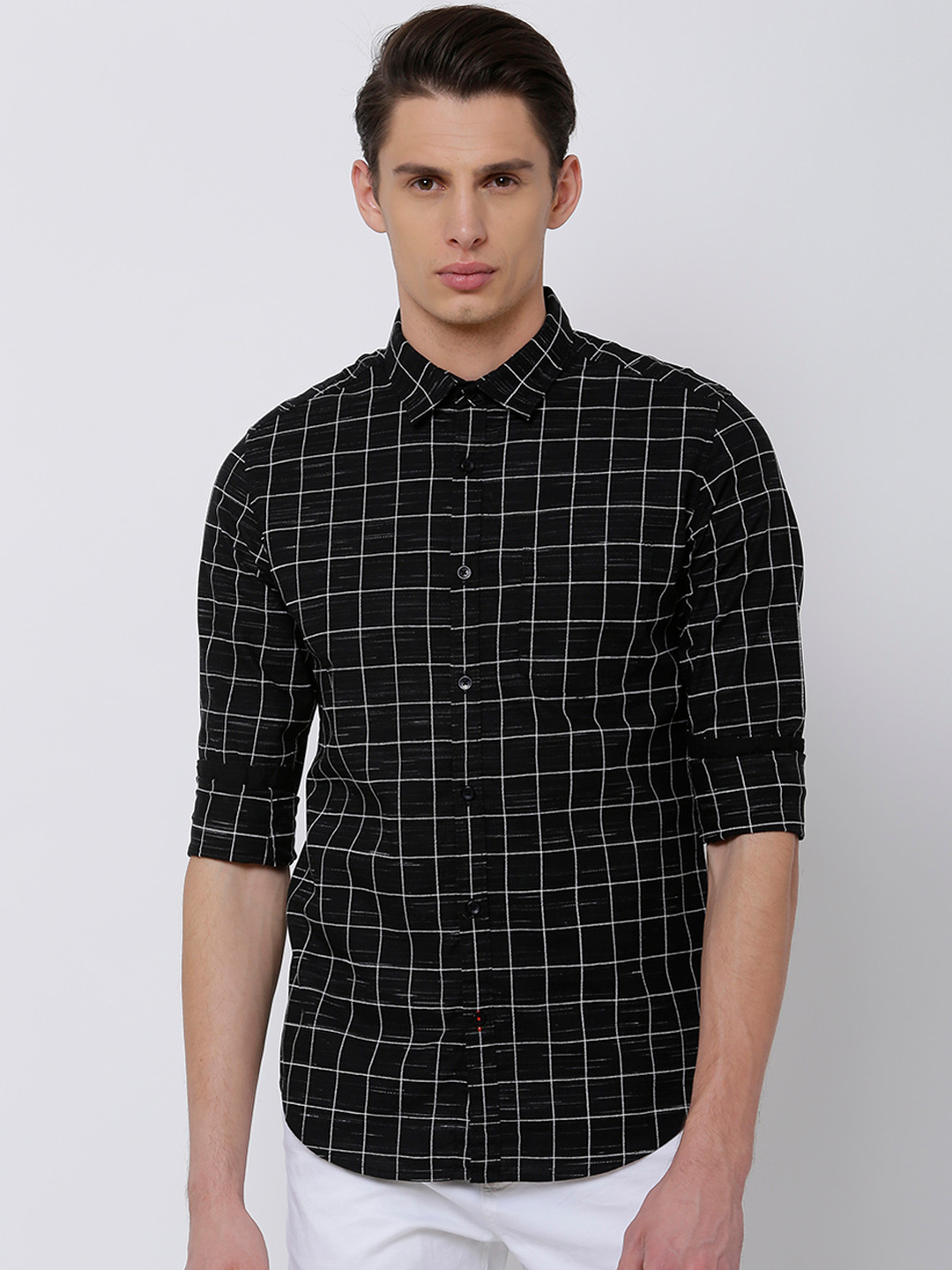 Black coffee Men Black & White Slim Fit Checked Casual Shirt