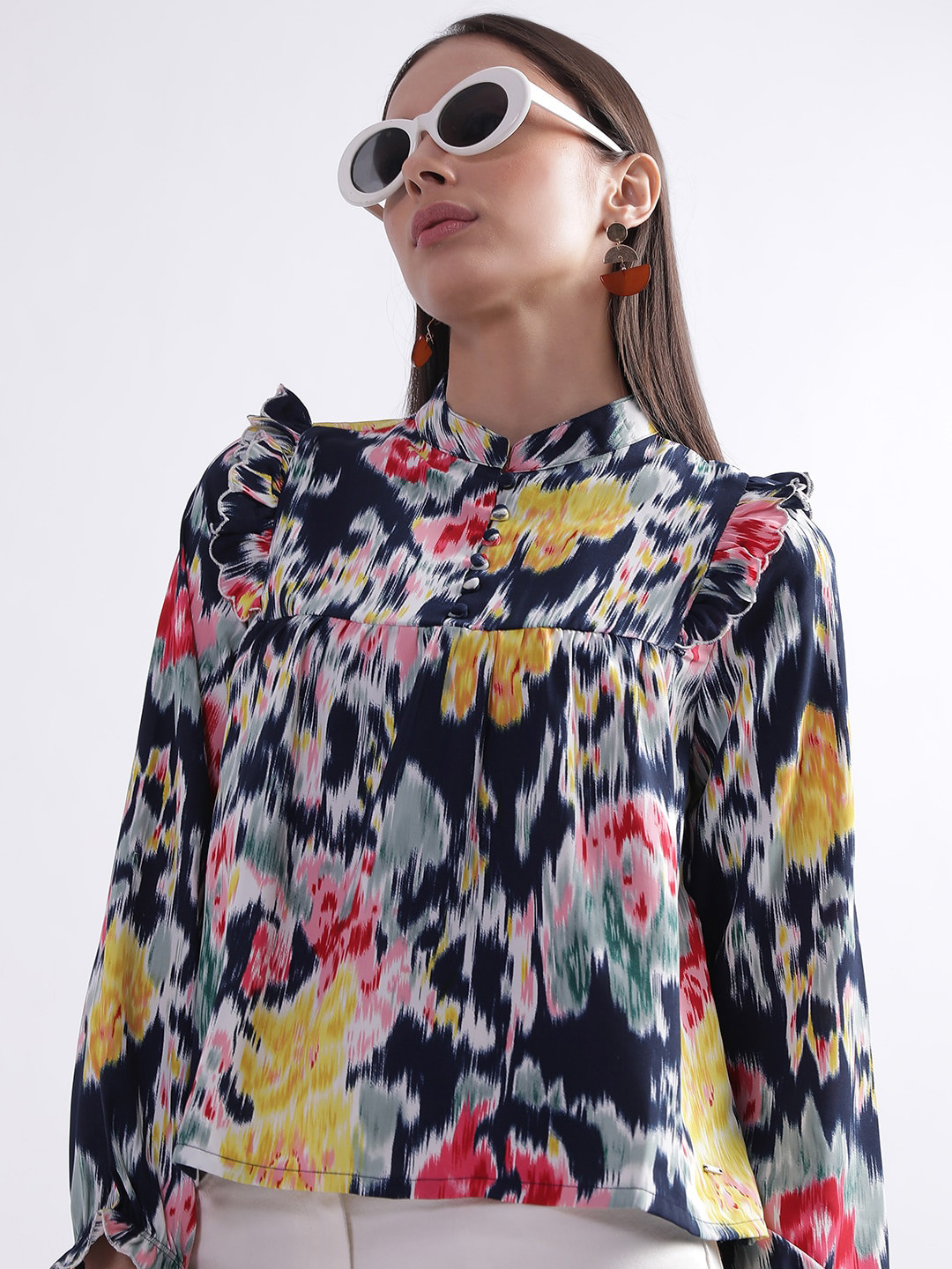 ELLE Abstract Printed Mandarin Collar Ruffled Top