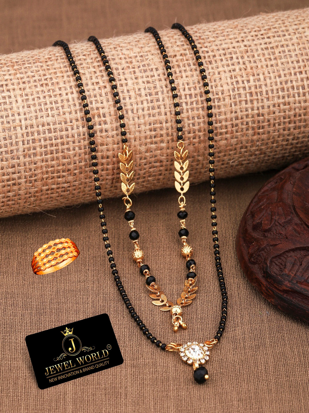 JEWEL WORLD Set Of 3 Gold-Plated Stone-Studded & Beaded Mangalsutra With Ring