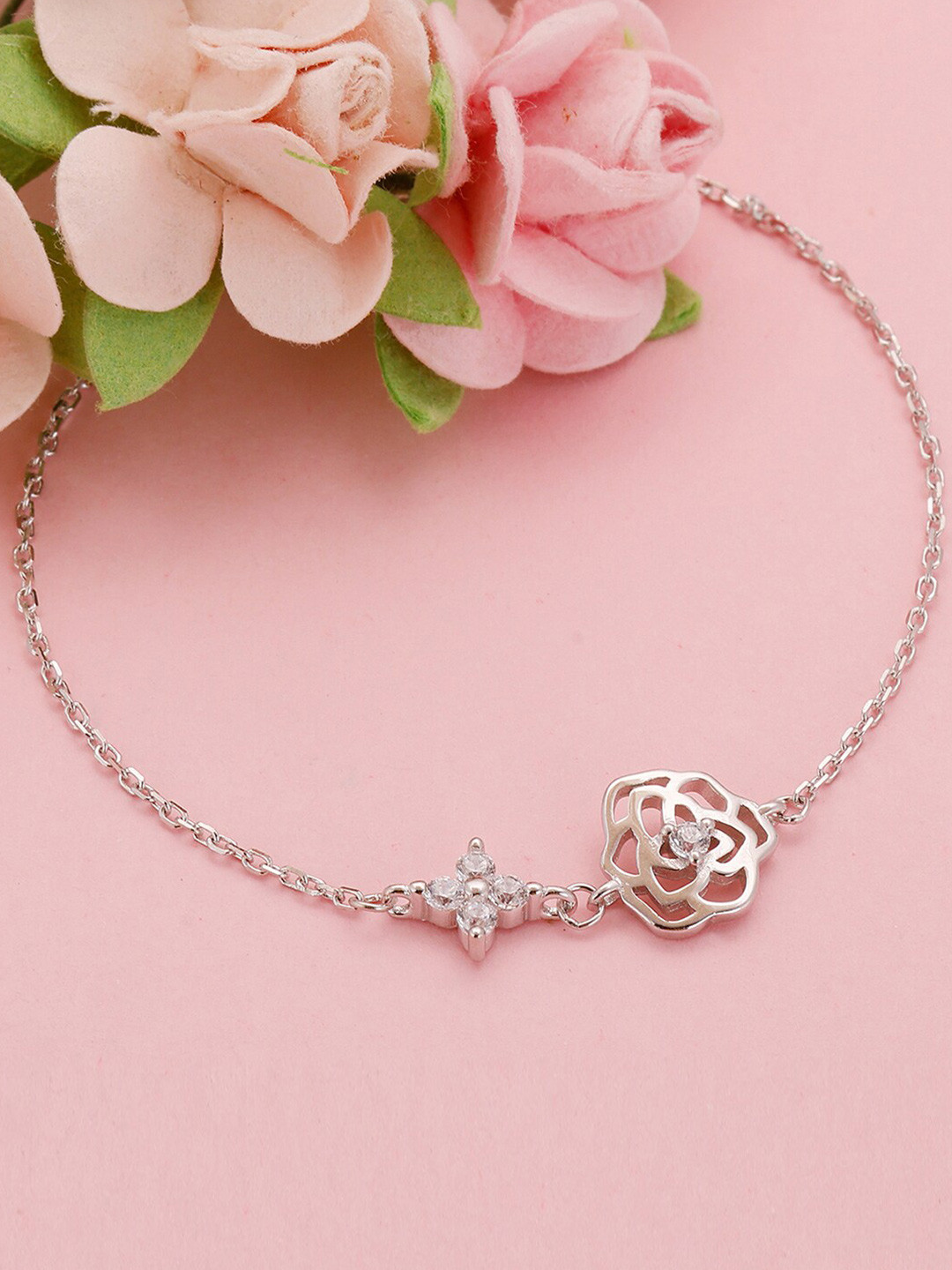 GIVA Rhodium-Plated 925 Sterling Silver Flower Cubic Zirconia Link Bracelet