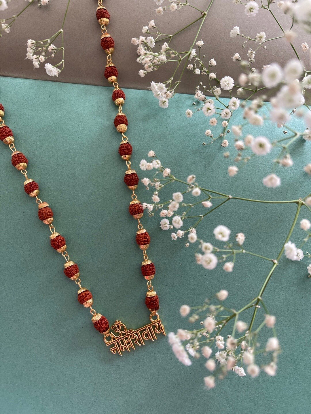 Digital Dress Room Men Gold-Plated Om Namah Shivaya Pendant Rudraksha Chain