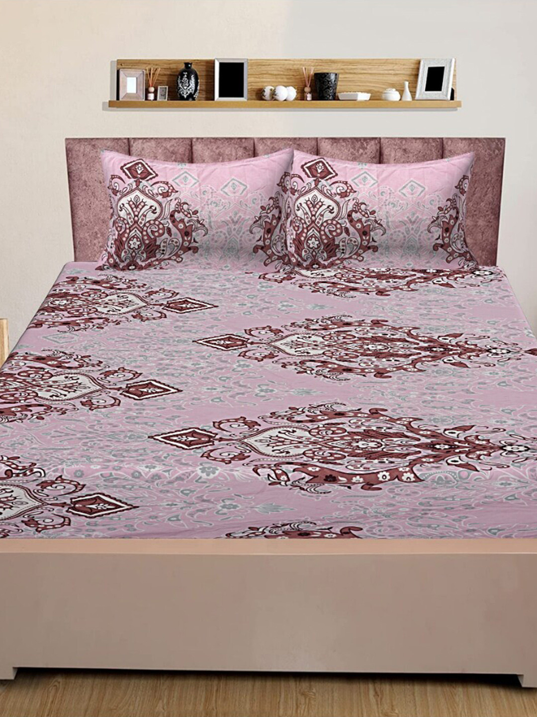 INDHOME LIFE Pink Ethnic Motifs Pure Cotton 210 TC Fitted Queen Fine Bedsheet with 2 Pillow Covers-274 x 254 cm