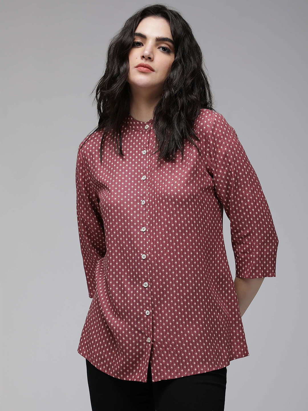 IDK Geometric Printed Band Collar Three-Quarter Sleeves Shirt Style Top