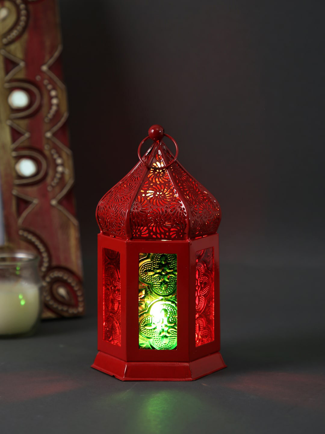 Aapno Rajasthan Red Metal & Glass Moroccan Candle Holder