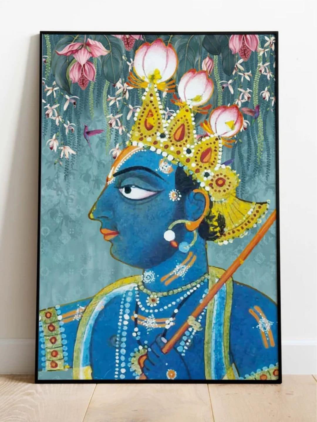 INDIAN CLASSIC ART Blue & Yellow Krishna Pichwai  Painting Framed Wall Art