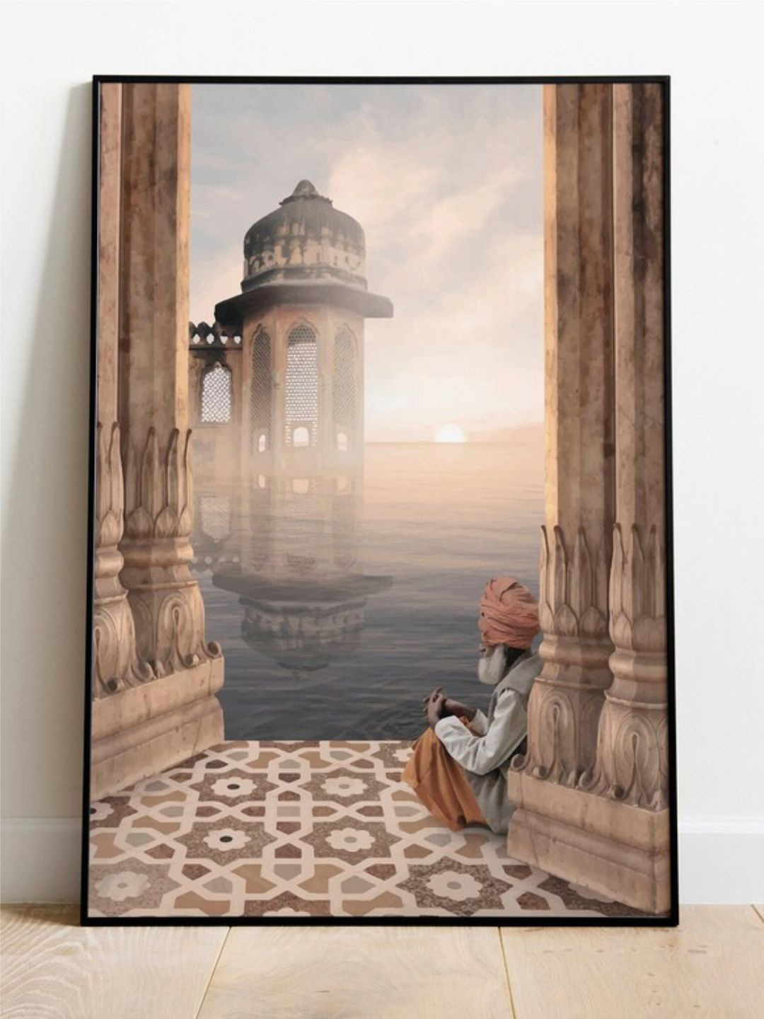 INDIAN CLASSIC ART Brown & Off White Palace Royal Painting Printed Framed Wall Art