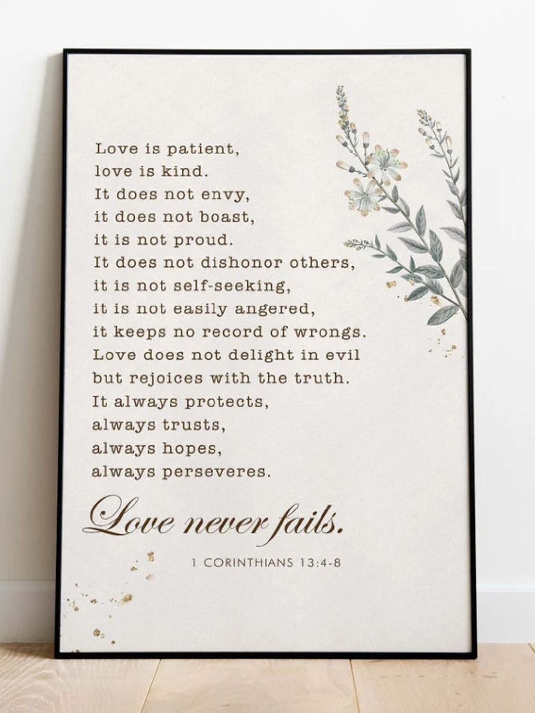 INDIAN CLASSIC ART Cream Coloured & Brown Love Never Fails Bible Painting Framed Wall Art