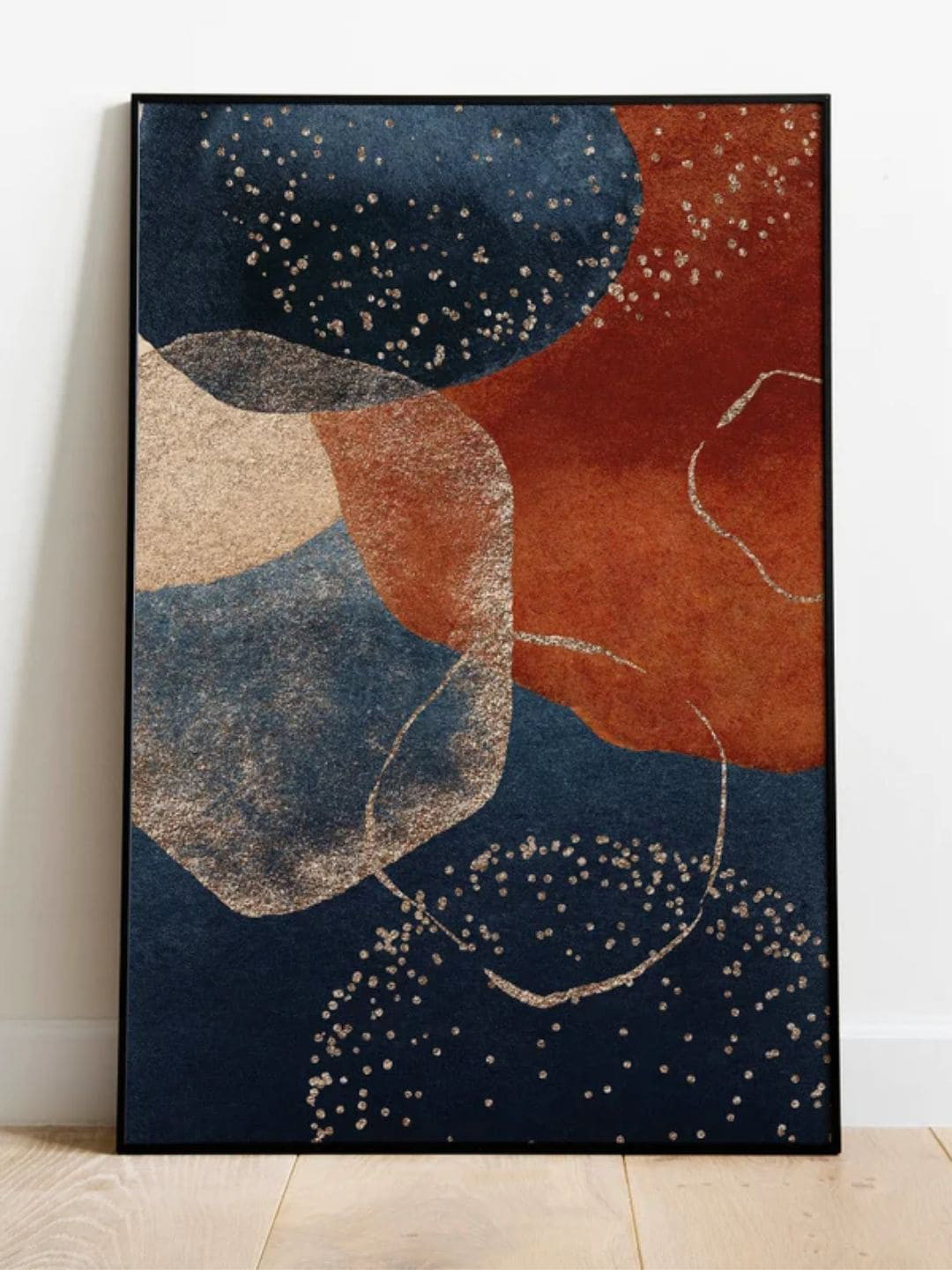 INDIAN CLASSIC ART Navy Blue & Orange Coloured Modern Painting Wall Art