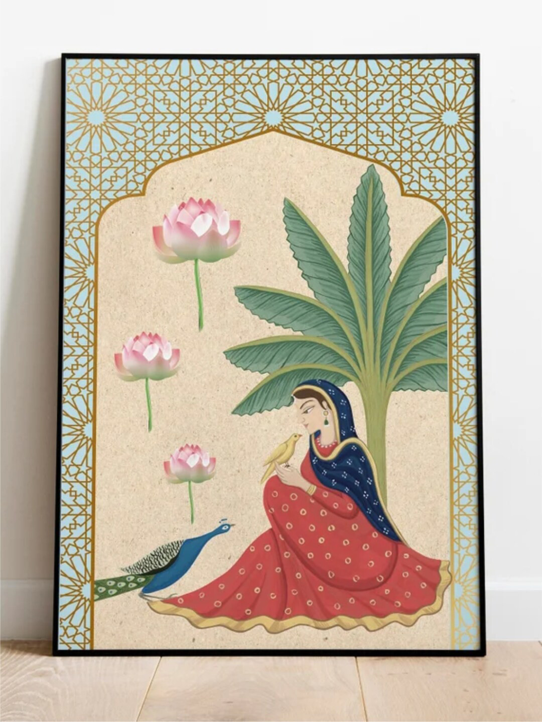 INDIAN CLASSIC ART Green & Red Peacock & Princess Indian Art Painting Framed Wall Art