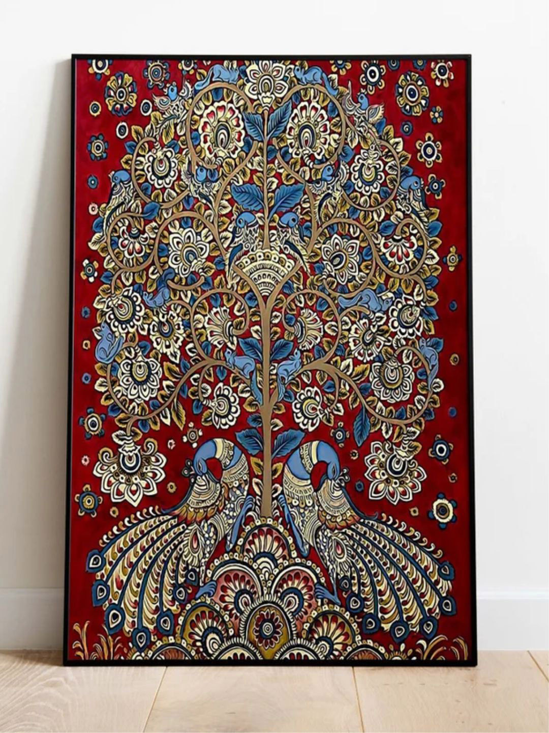 INDIAN CLASSIC ART Red & Blue Indian Peacock Kalamkari Painting Framed Wall Art