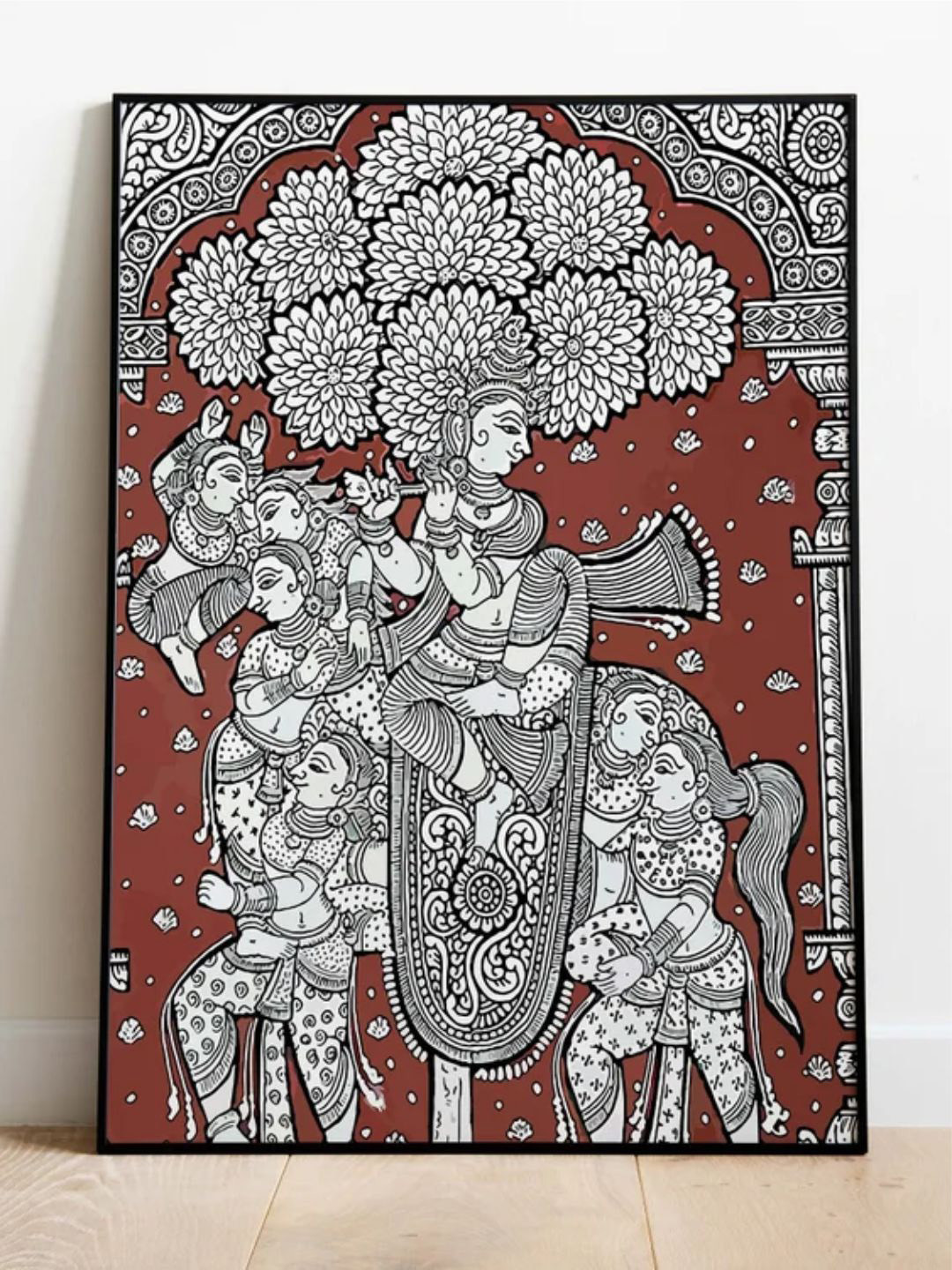 INDIAN CLASSIC ART White & Maroon Indian Kalamkari Painting Printed Framed Wall Art