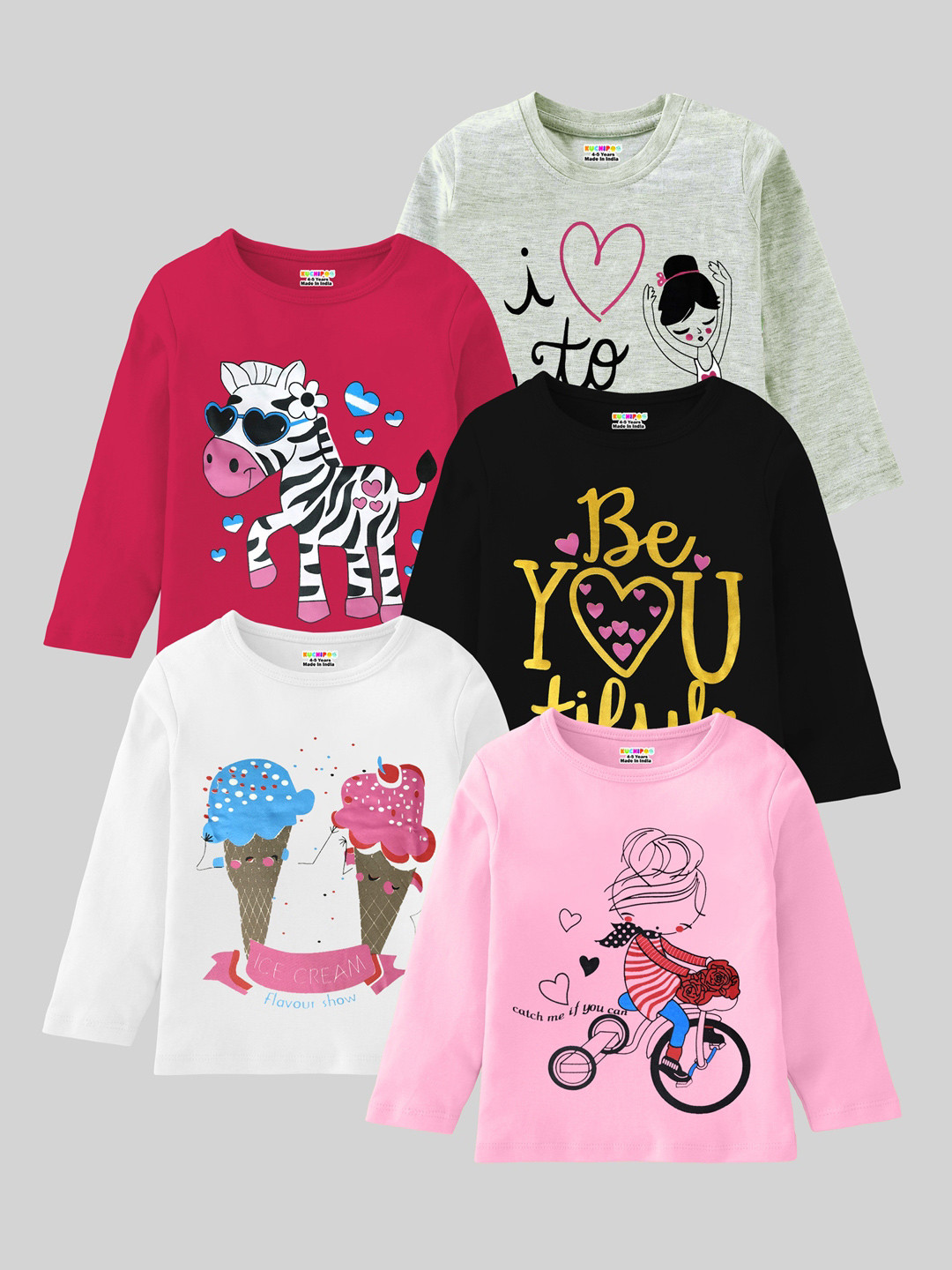 KUCHIPOO Girls Pack of 5 Printed Round Neck Long Sleeve T-shirts