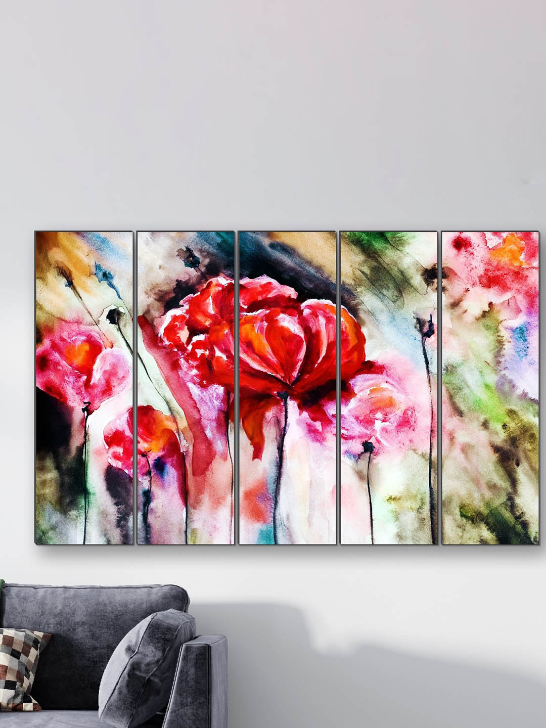 SAF Flower Red MDF 5 Pcs Wall Living Room Rectangle Potrait Paintings Wall Art -1 x 24In