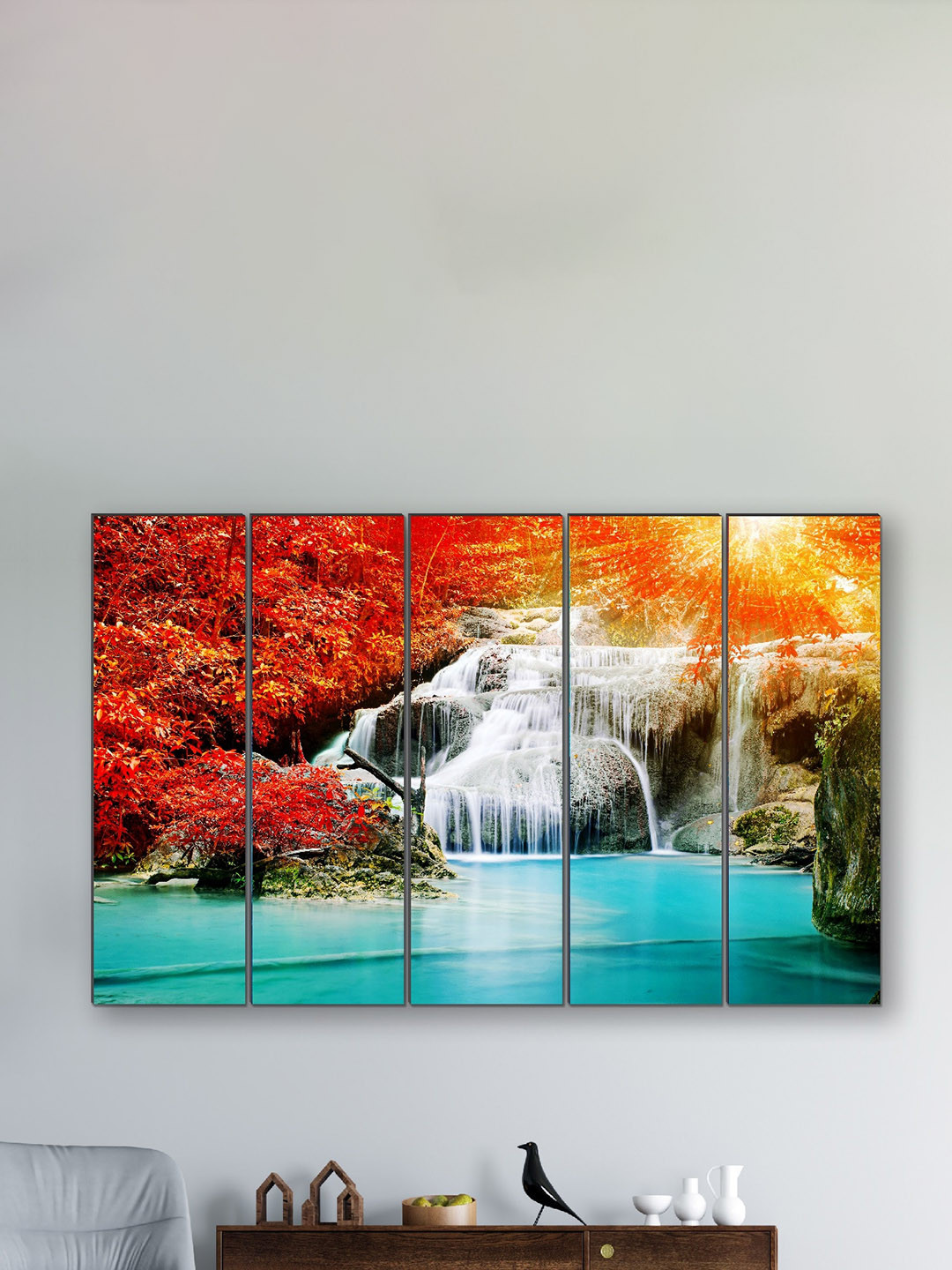 SAF Orange Coloured & Blue 5 Pieces Waterfall UV Textured Panel Painting Wall Art