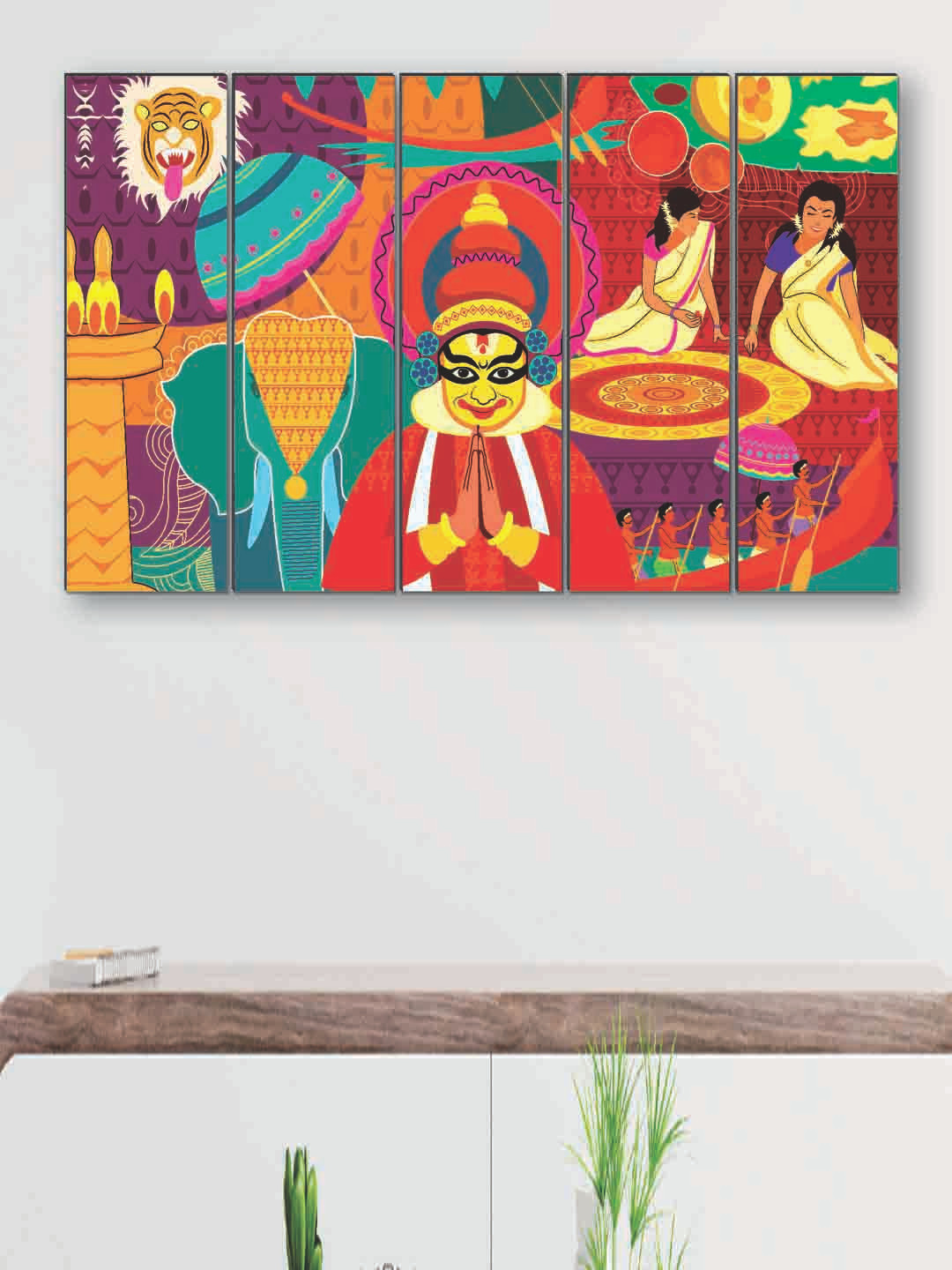 SAF Red & Teal 5 Pieces Panel Painting Framed Wall Art