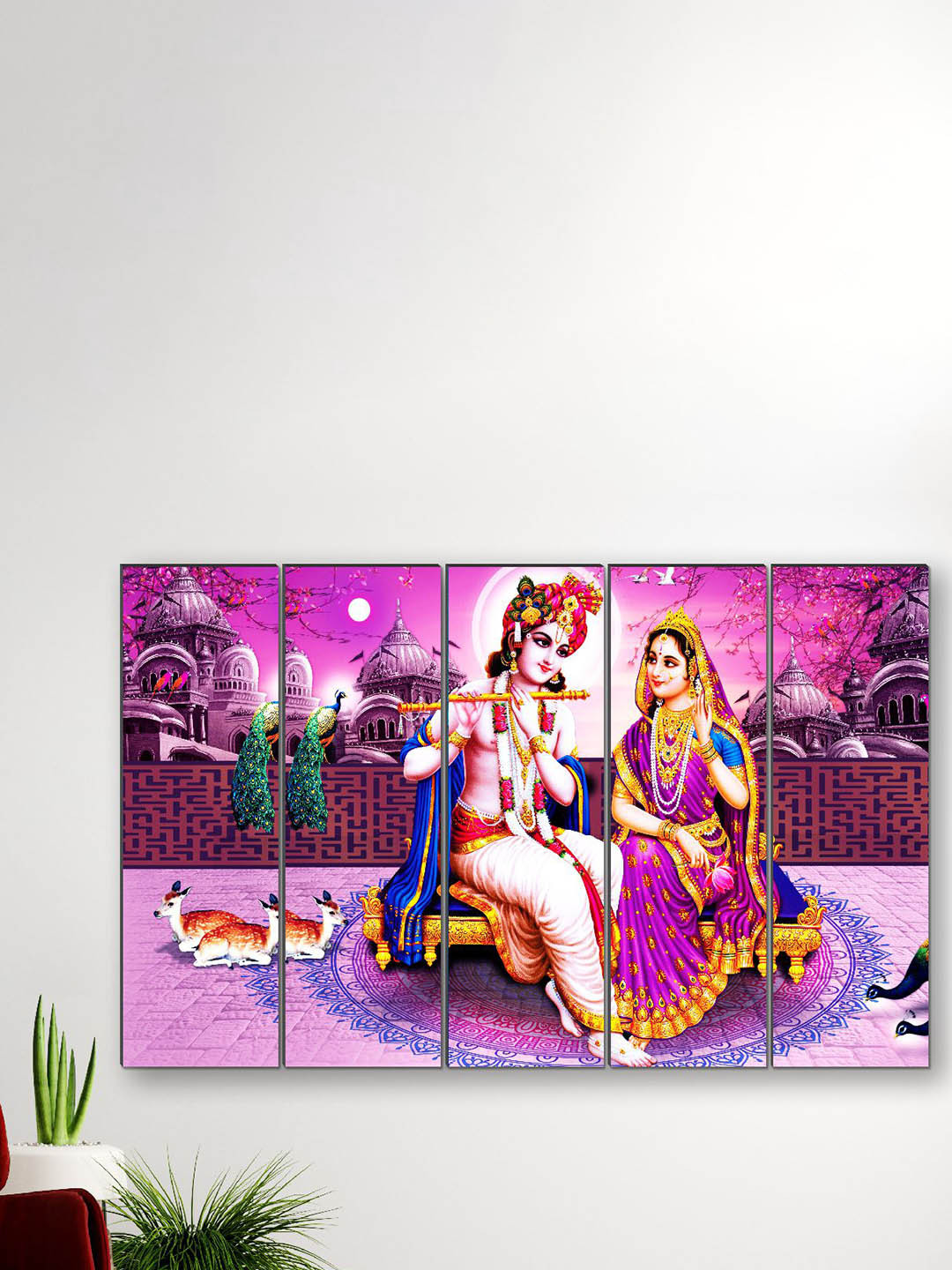 SAF Purple 5 Pieces Radha Krishna UV Textured Religious Theme Painting Wall Art
