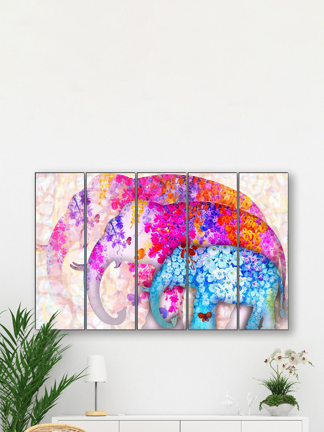 SAF Elephant Pink MDF 5 Pcs Wall Living Room Rectangle Paintings Wall Art -8 x 23In