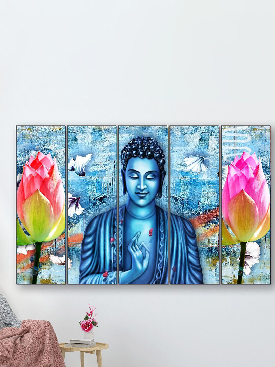 SAF Blue 5 Pieces Buddha Painting Framed Wall Art