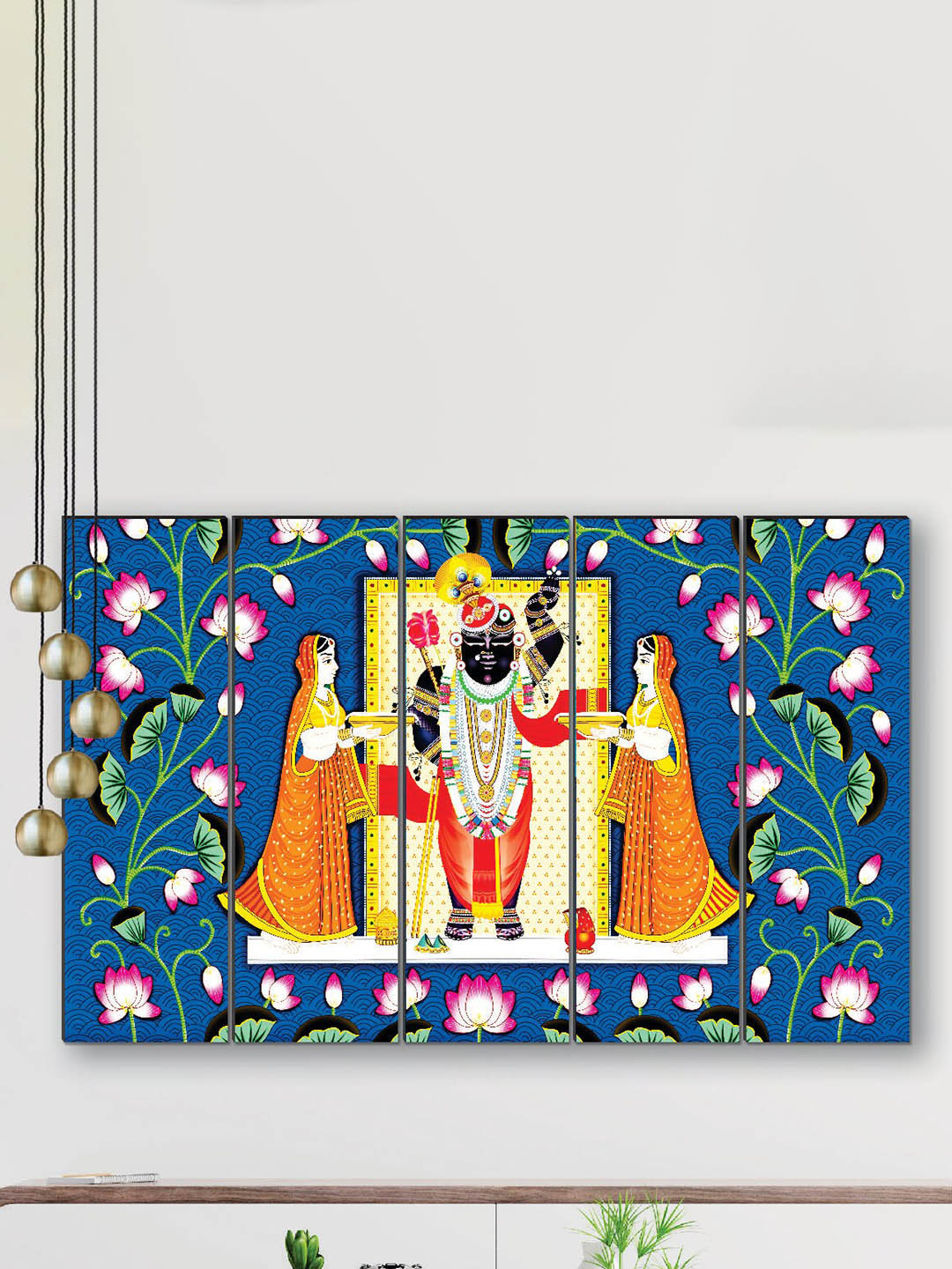 SAF Blue & Orange 5 Pieces Shrinathji UV Textured Religious Theme Painting Wall Art