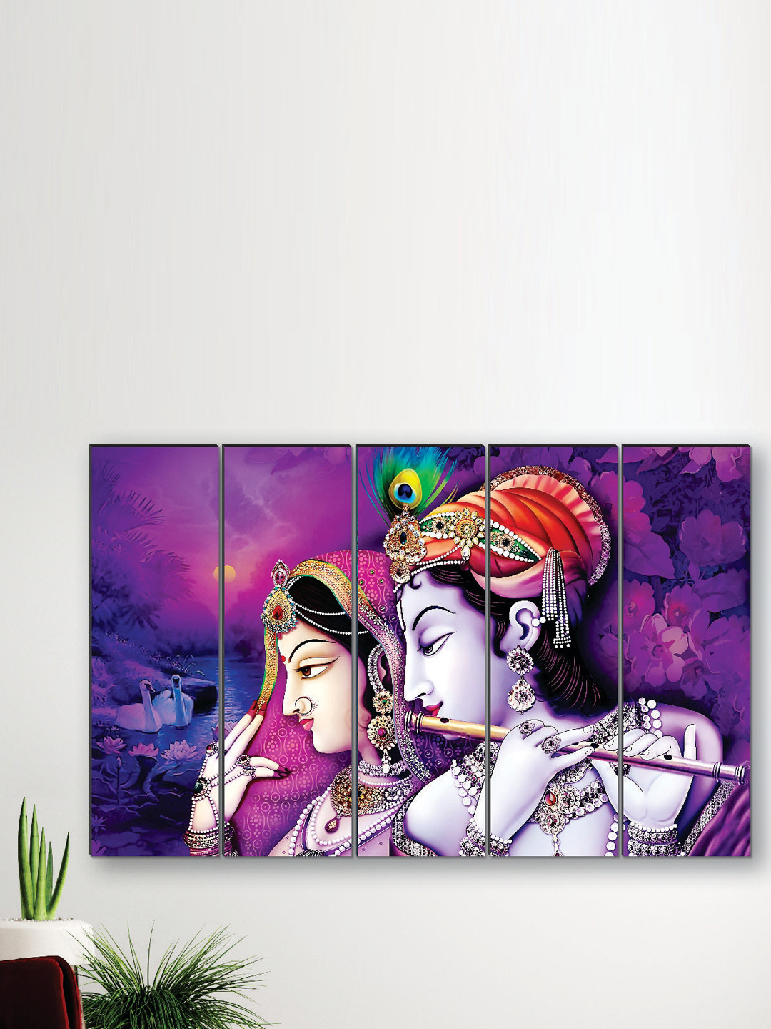 SAF Purple 5 Pieces Radha Krishna UV Textured Religious Theme Painting Wall Art