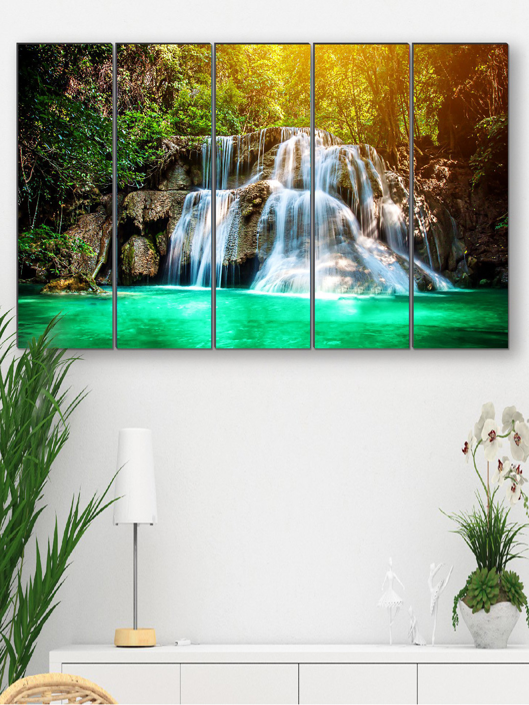 SAF Green & White 5 Pieces UV Textured Waterfall Painting Wall Arts