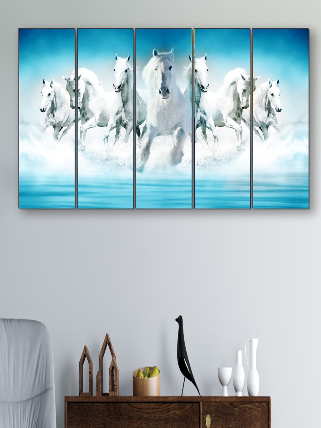 SAF Blue 5 Pieces Seven Running Horses Painting Framed Wall Art