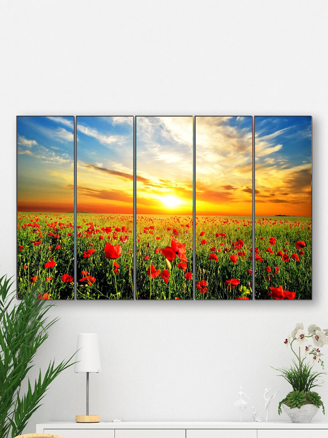 SAF Blue & Red 5 Pieces Pretty Flower Painting Framed Wall Art